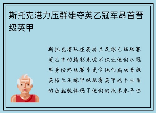 斯托克港力压群雄夺英乙冠军昂首晋级英甲